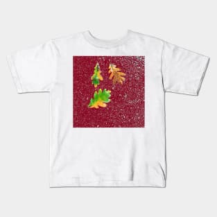 Rainy Leaves on Red Terrazzo Background Kids T-Shirt